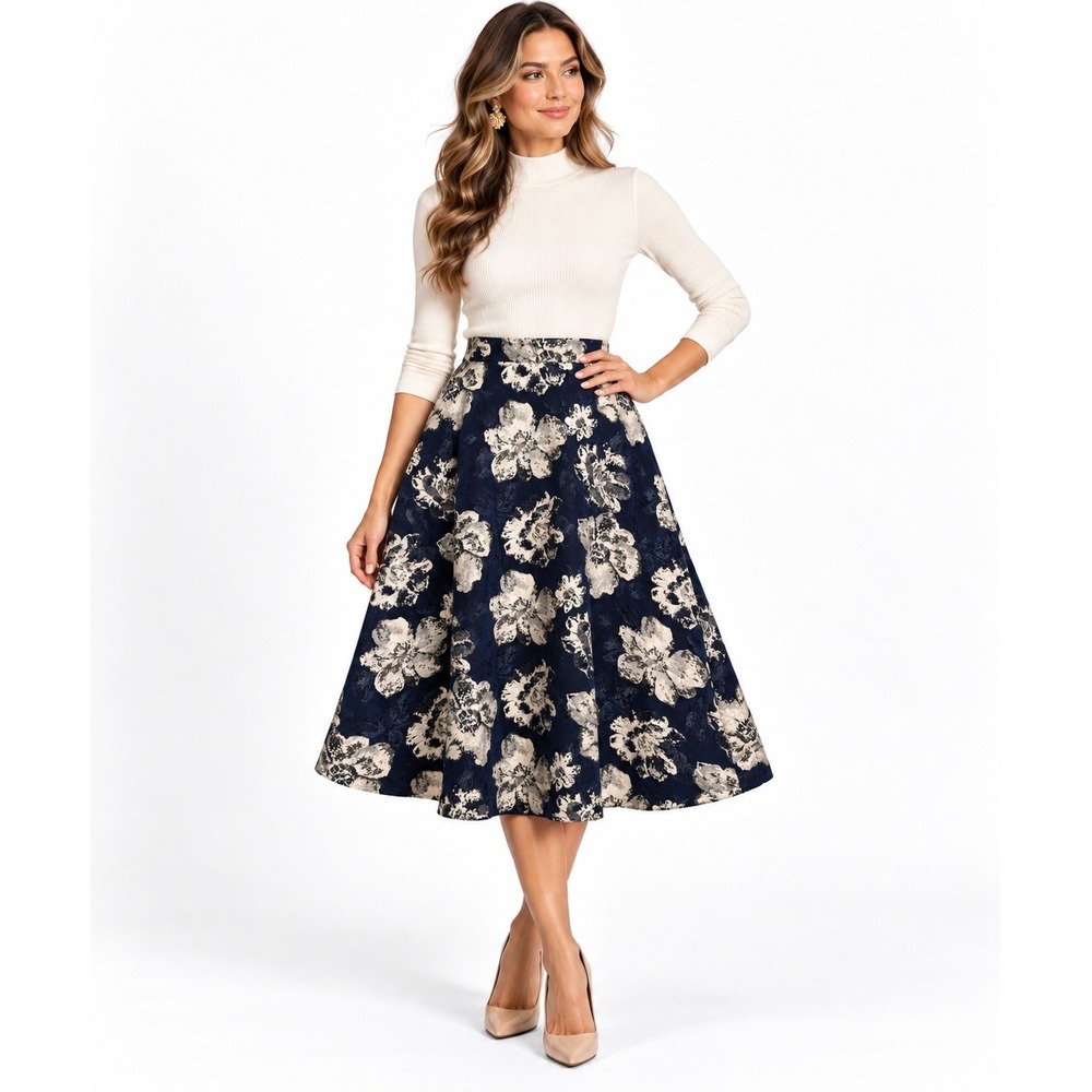 Eva Franco Navy Cream Floral Jacquard A-Line Skirt High Waist Midi